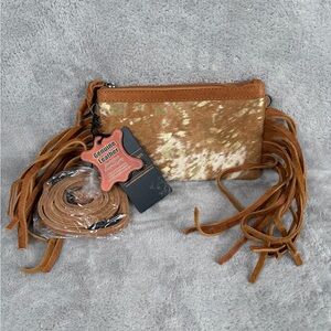 American Darling Tan and White Cowhide Fringed Crossbody Bag